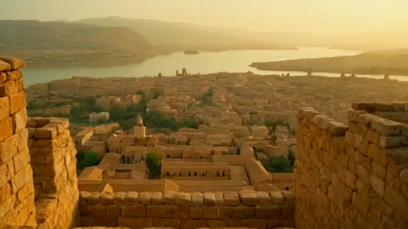 Una figura contempla la ciudad al atardecer