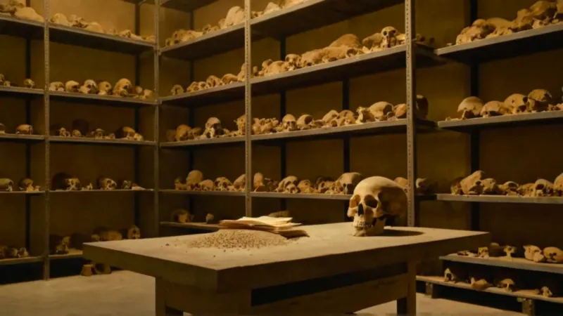 Un investigador estudia un fósil en penumbra