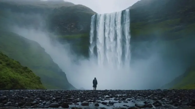 Una figura ante la imponente cascada