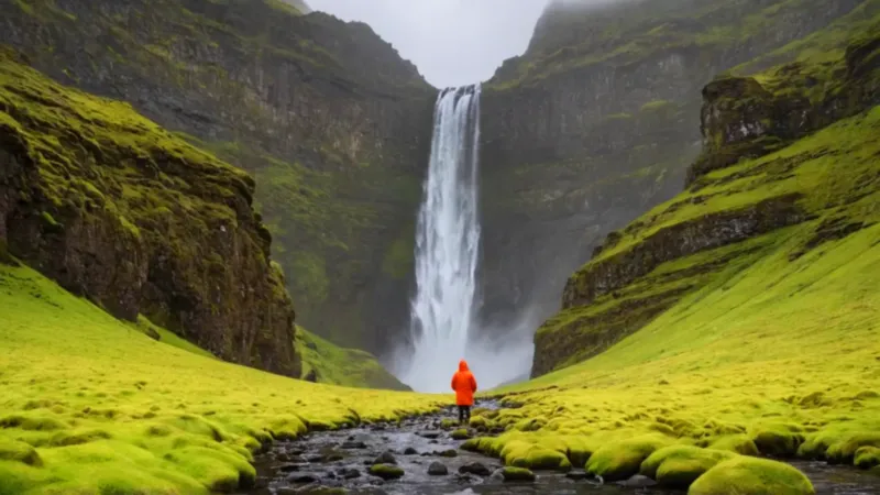 Una figura solitaria ante la inmensa cascada