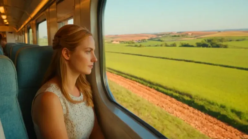 Mujer en tren contempla el paisaje