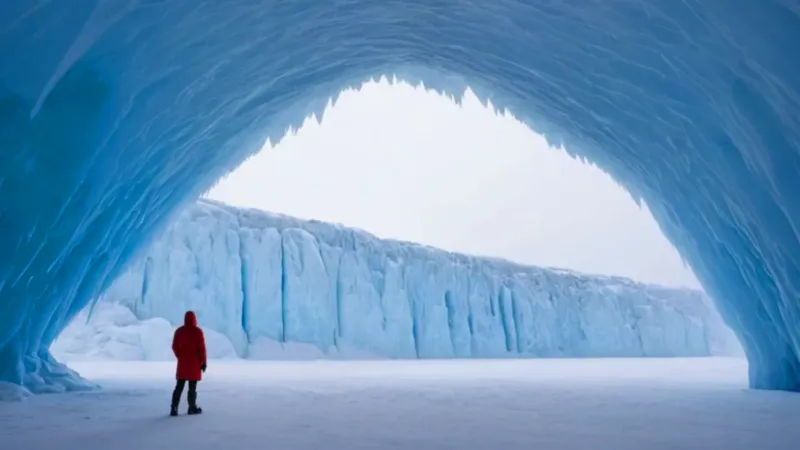 Figura solitaria en una cueva de hielo