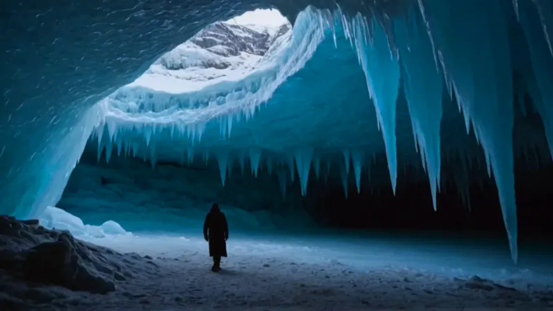 Figura solitaria en una inmensa cueva helada