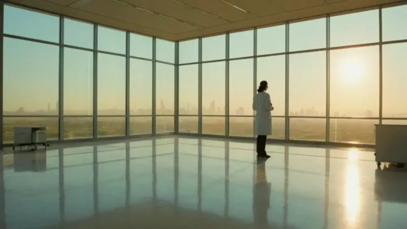 Silueta de científica en laboratorio al amanecer
