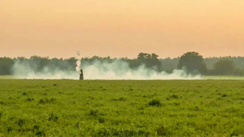 Un hombre infla un globo en el campo