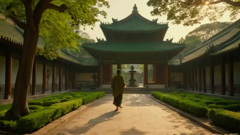 El templo tradicional contrasta con la modernidad