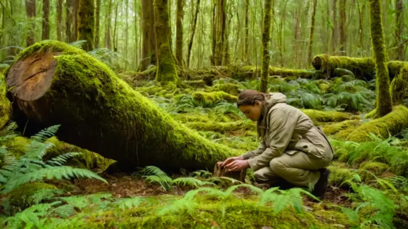 Alguien observa hongos en el denso bosque