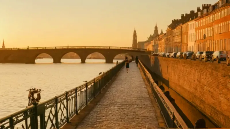 Viajera contempla un canal al atardecer