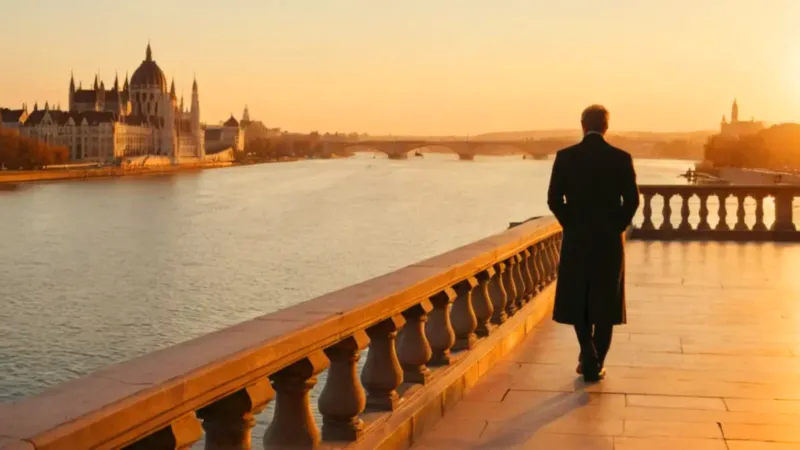 Silueta contempla el atardecer sobre el Danubio