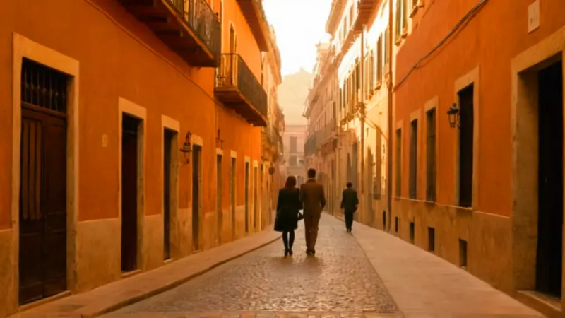 Viajero en una calle dorada de Madrid