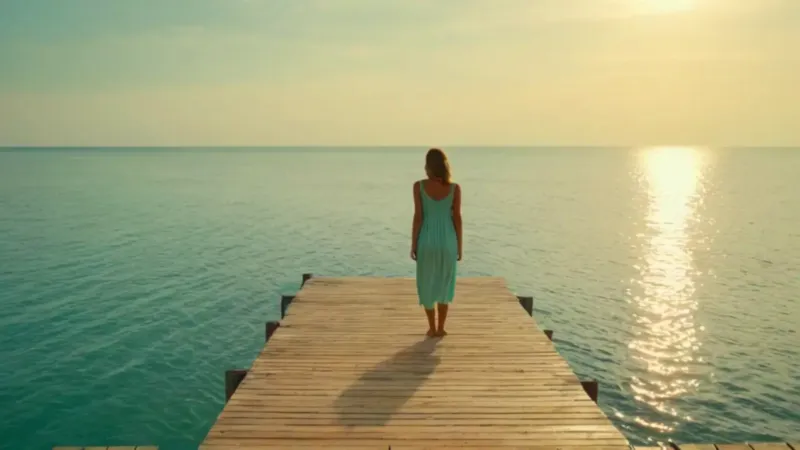 Mujer contempla el idílico atardecer marino