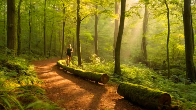 Un corredor atraviesa el bosque al amanecer