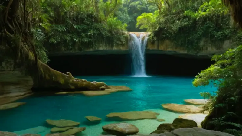 Figura en una luminosa cascada selvática