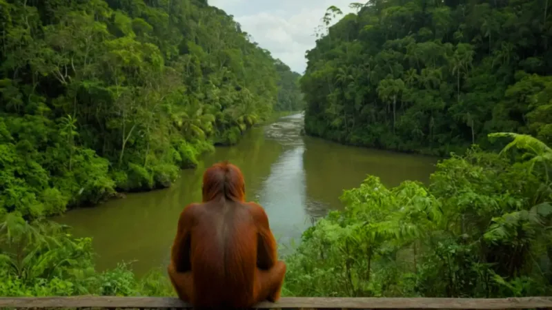 Un orangután observa un bote en la selva