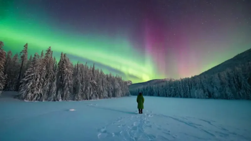Aurora ilumina el paisaje nevado