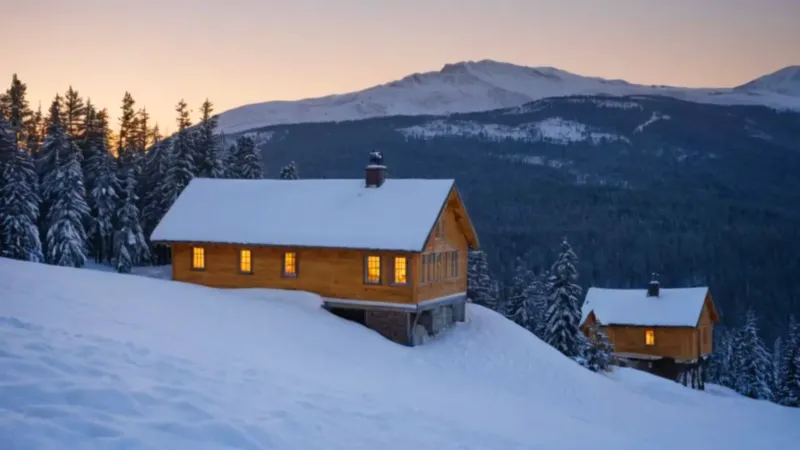 Noche invernal en un tranquilo pueblo nevado