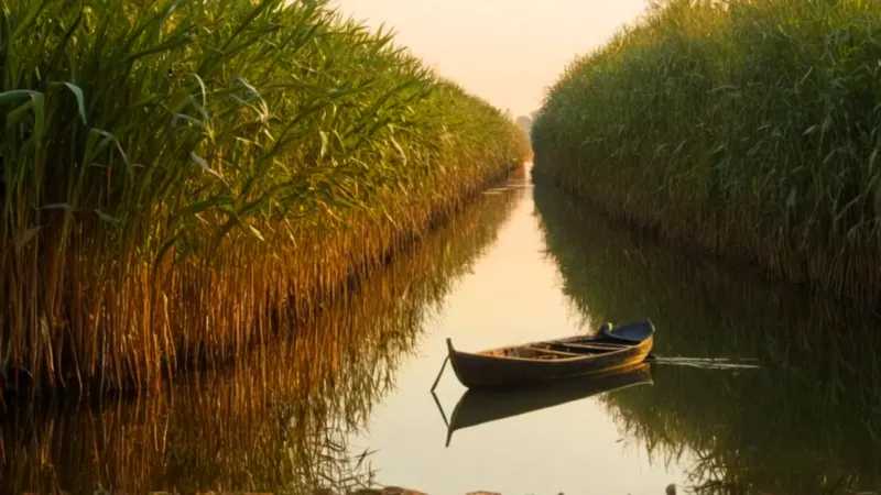 Hombre solitario navega un canal al atardecer