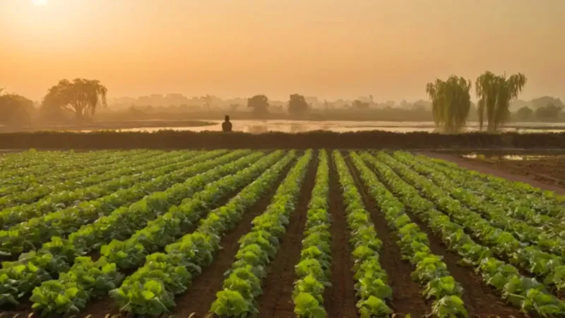 Hombre cultiva la tierra ante la ciudad
