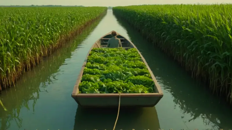 Un campesino navega entre las chinampas