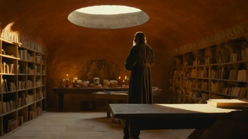 Un erudito trabaja en su caótico taller