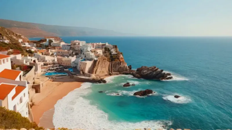 Pueblo sobre acantilado frente al mar