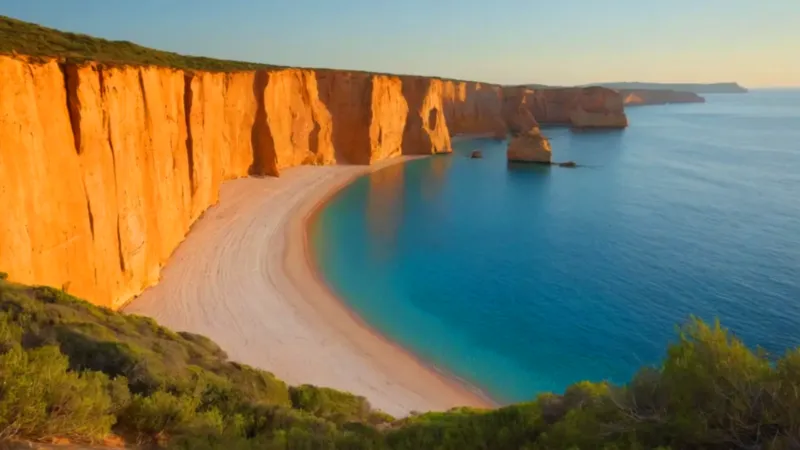 Acantilados ocres sobre una playa solitaria