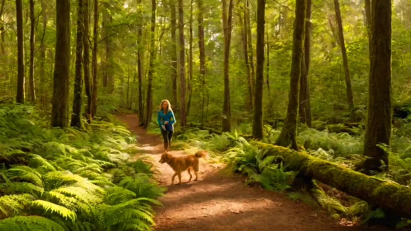 Mujer y perro pasean por el bosque