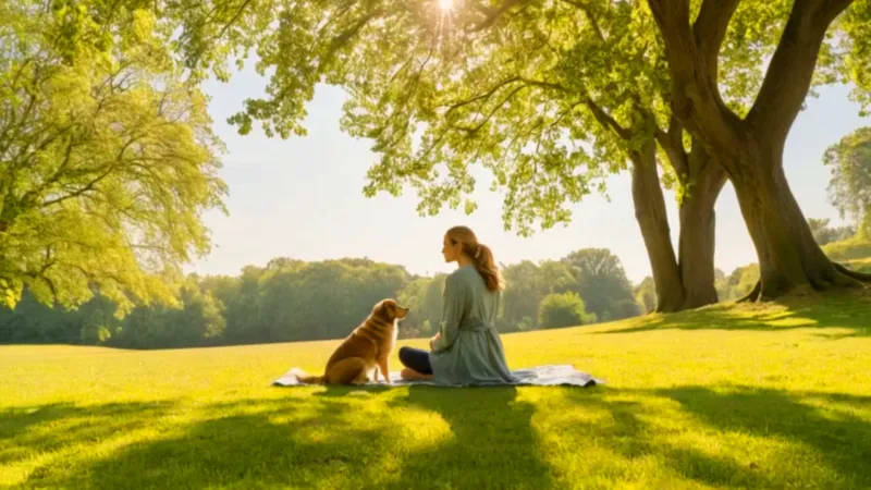 Mujer y perro descansan bajo el sol