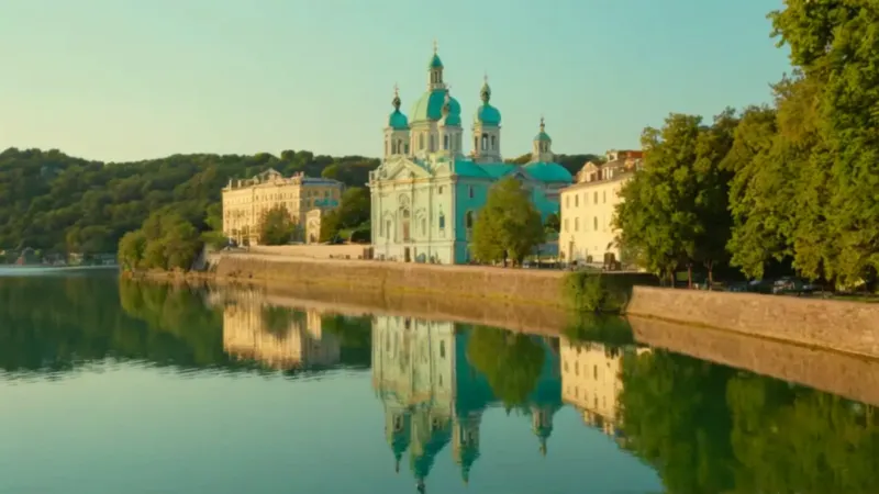 Iglesia de cúpulas verdes reflejada en el río