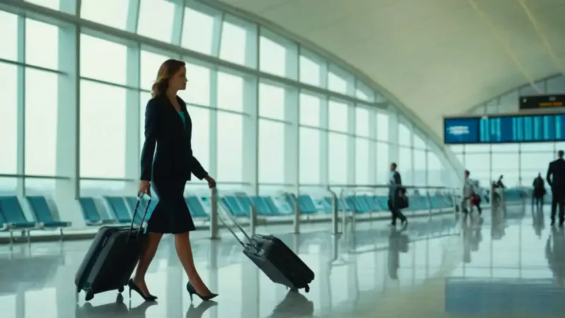 Viajera camina por la luminosa terminal