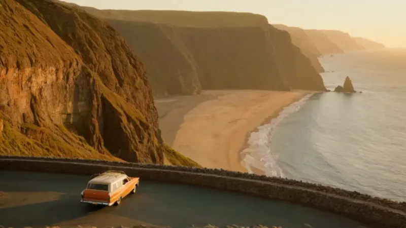 Mujer con mapa contempla el atardecer costero