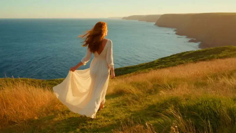 Mujer contempla el mar dorado al atardecer