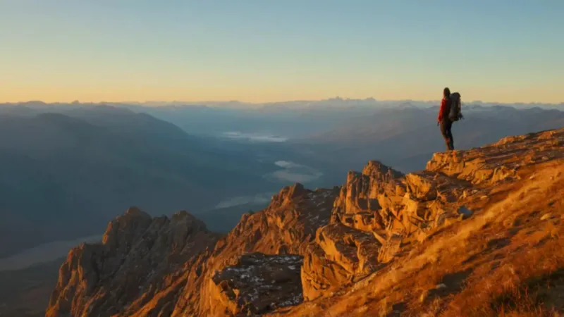 Excursionista contempla el valle al amanecer