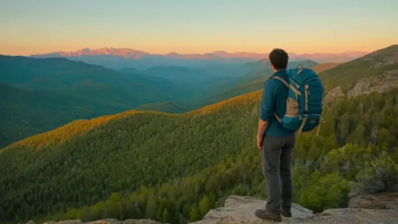 Un viajero contempla las montañas al atardecer