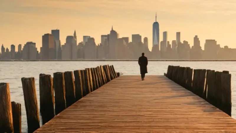 Atardecer dorado sobre el horizonte de Manhattan
