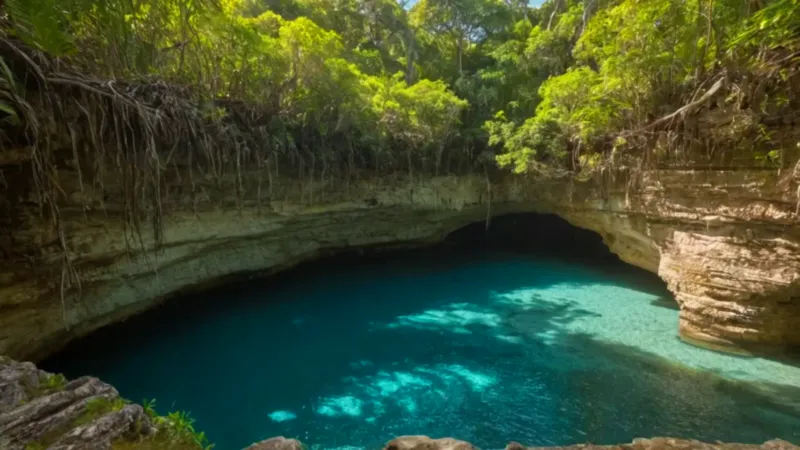 Alguien flota en un cenote iluminado