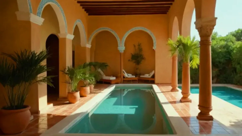 Un patio árabe con una piscina serena