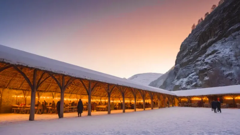 Mercado invernal bajo el viaducto iluminado