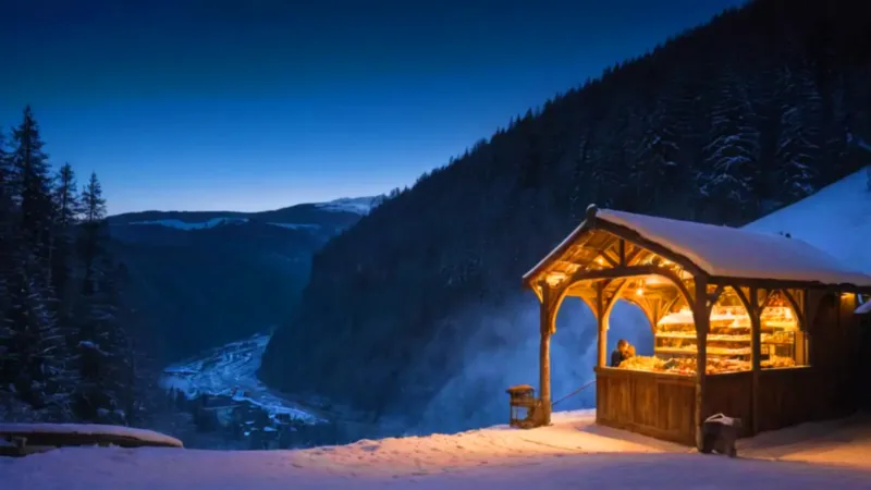 Mercado iluminado bajo un viaducto nevado