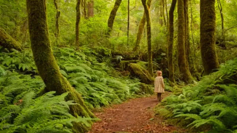 Niña y criatura luminosa en el bosque