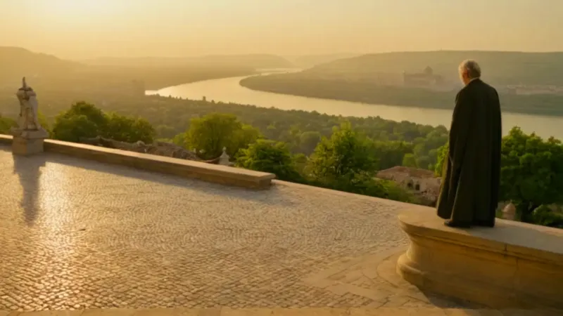 Una figura contempla la ciudad al atardecer