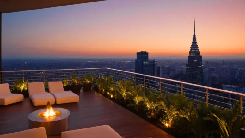 Terraza con vistas a la ciudad iluminada