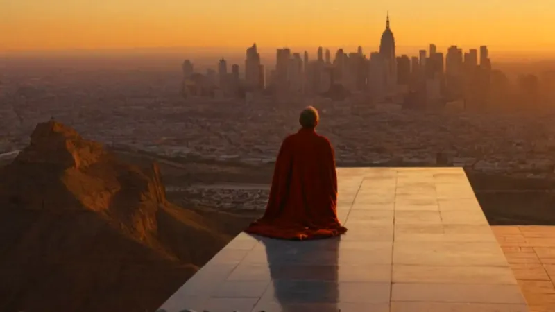 Una figura contempla la ciudad al atardecer