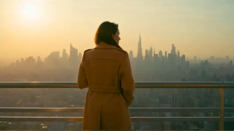 Mujer contempla el atardecer sobre la ciudad