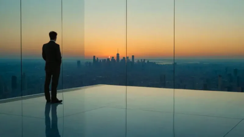 Una figura contempla el atardecer urbano