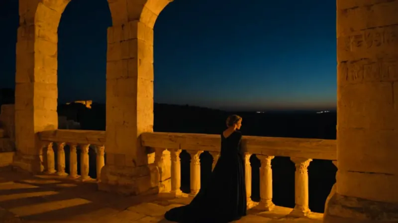 Una figura contempla las ruinas iluminadas