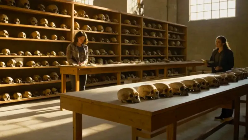 Una científica estudia fósiles en el archivo