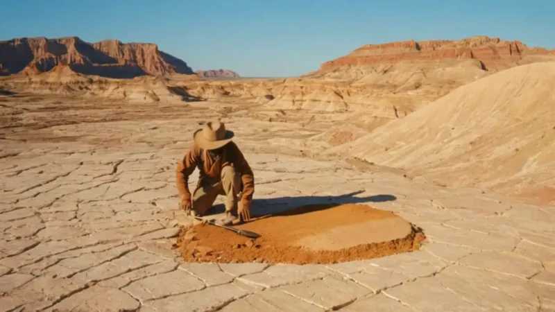 Paleontólogo excava un fósil en el desierto