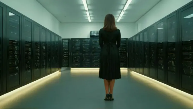 Mujer sola entre enormes computadoras