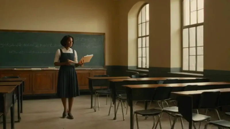 Profesora ante la pizarra en aula soleada